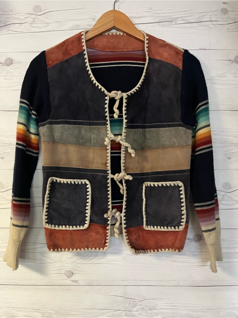 Vtg 1970s Collage Knit Suede Leather Patchwork Cardigan Sweater Stripe Small